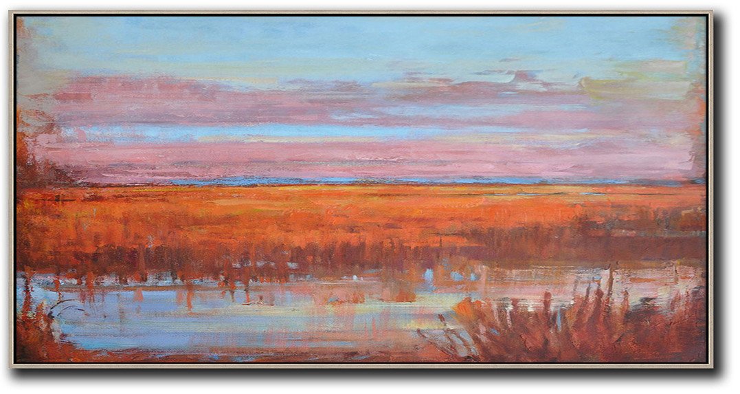 Extra Large Canvas Art,Panoramic Abstract Landscape Painting,Huge Abstract Canvas Art,Blue,Pink,Orange.etc